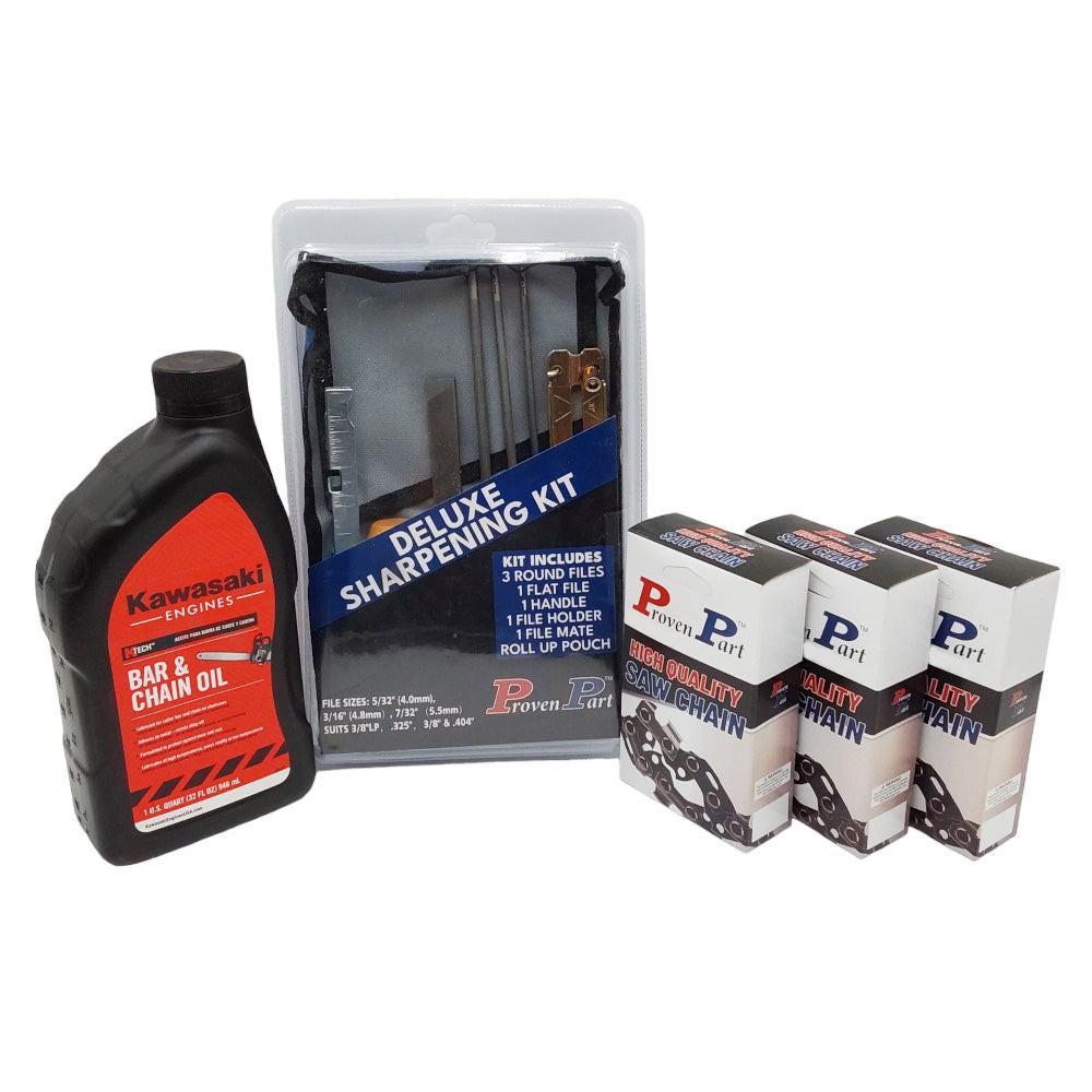 Proven Part (3) 20" Full Skip Chain For 20" Bar 0.325"" Pitch .050" Gauge 76DL Fits Oregon 20LPX076G (1) Qt Oil (1) Deluxe Sharpening Kit