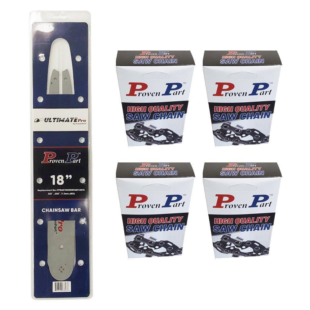 Proven Part 18" Guide Bar And 4 Pack Semi Chisel Chain Combo .325" .050" 68DL Fits Stihl 3005 008 7017