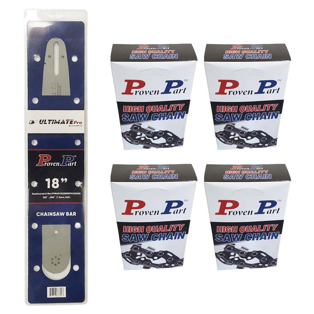 Proven Part 18" Guide Bar And 4 Pack Full Chisel Chain .325" .050" 74DL Fits Stihl 3003 008 3317