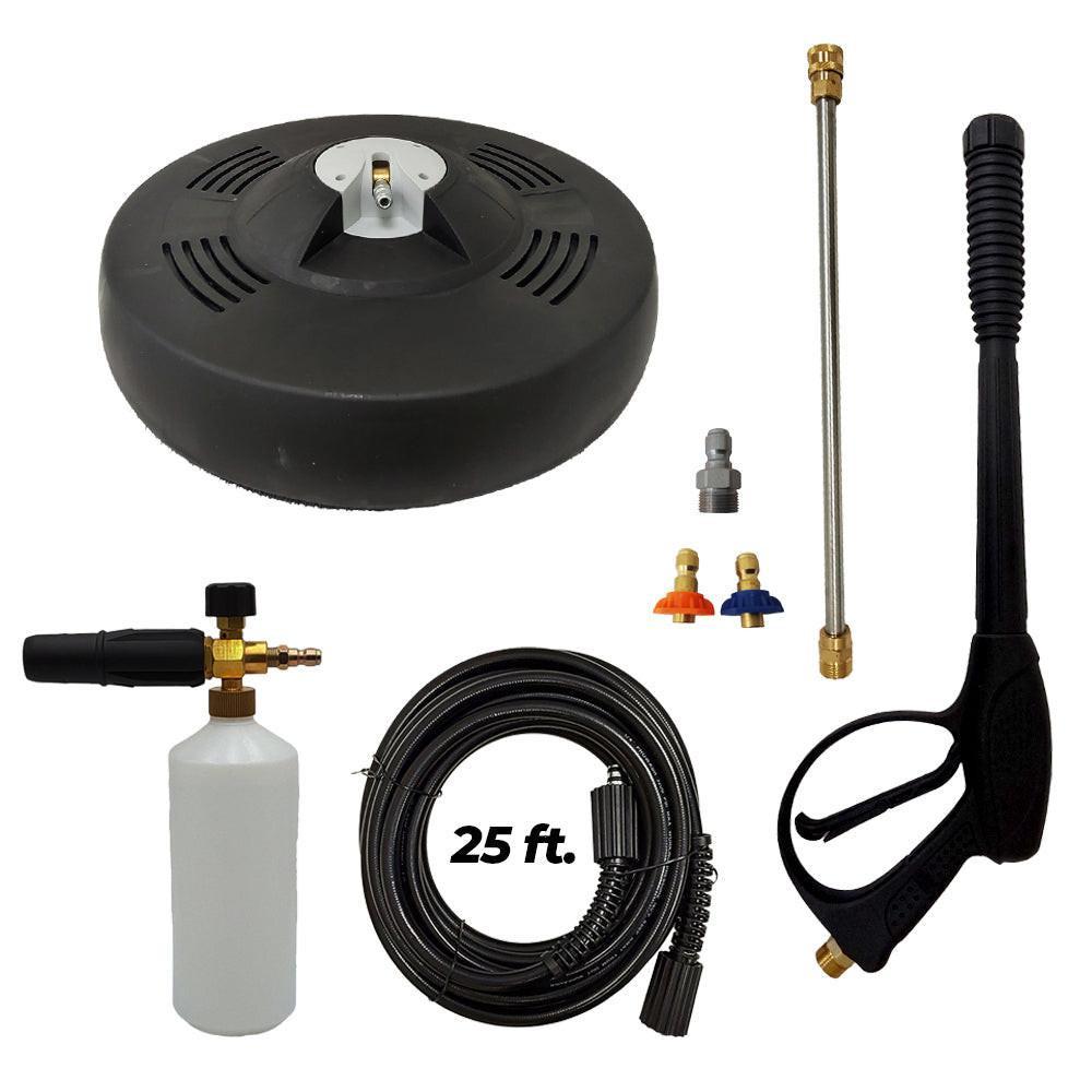 Proven Part 15" Surface Cleaner 3200 PSI, 25' Hose 1/4" M22xM22, Second Story Chemical Nozzle, Foam Lance, Coupler 3/8" Male Plug M22 Male and 4000PSI Gun and Wand Kit