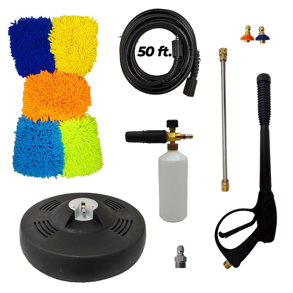 Proven Part 15" Surface Cleaner 3200 PSI, 50' Hose 1/4" M22xM22, Second Story Chemical Nozzle, Foam Lance, Coupler 3/8" Male Plug M22 Male, 5 Microfiber Mitts and 4000PSI Gun and Wand Kit