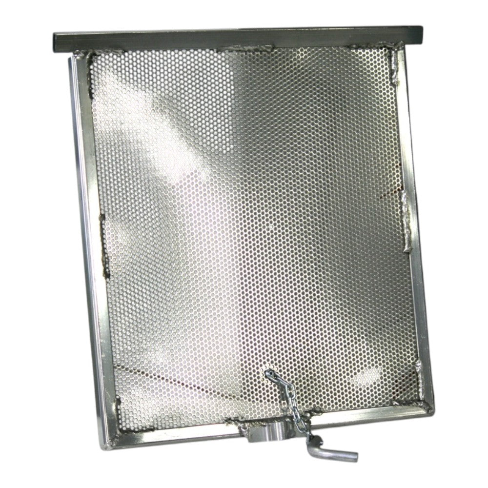 Metal mesh door with square frame and hinged latch