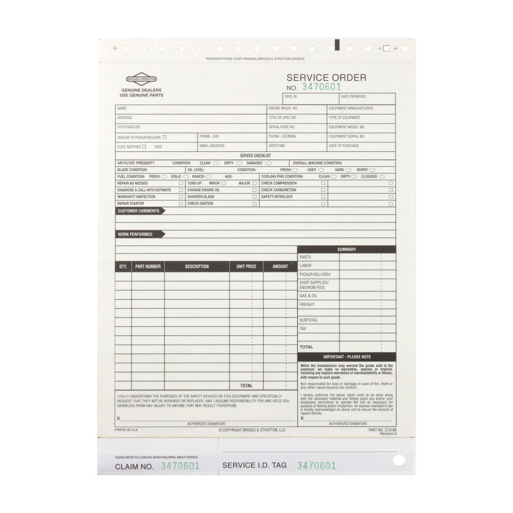 Briggs & Stratton Repair Order W/Lam 273188