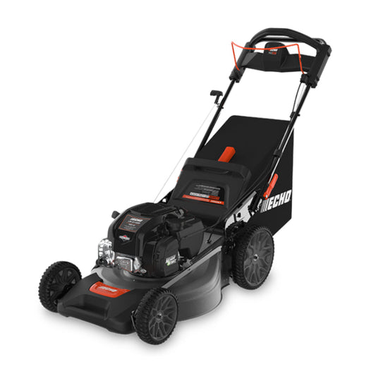 Black lawn mower with red accents on a white background