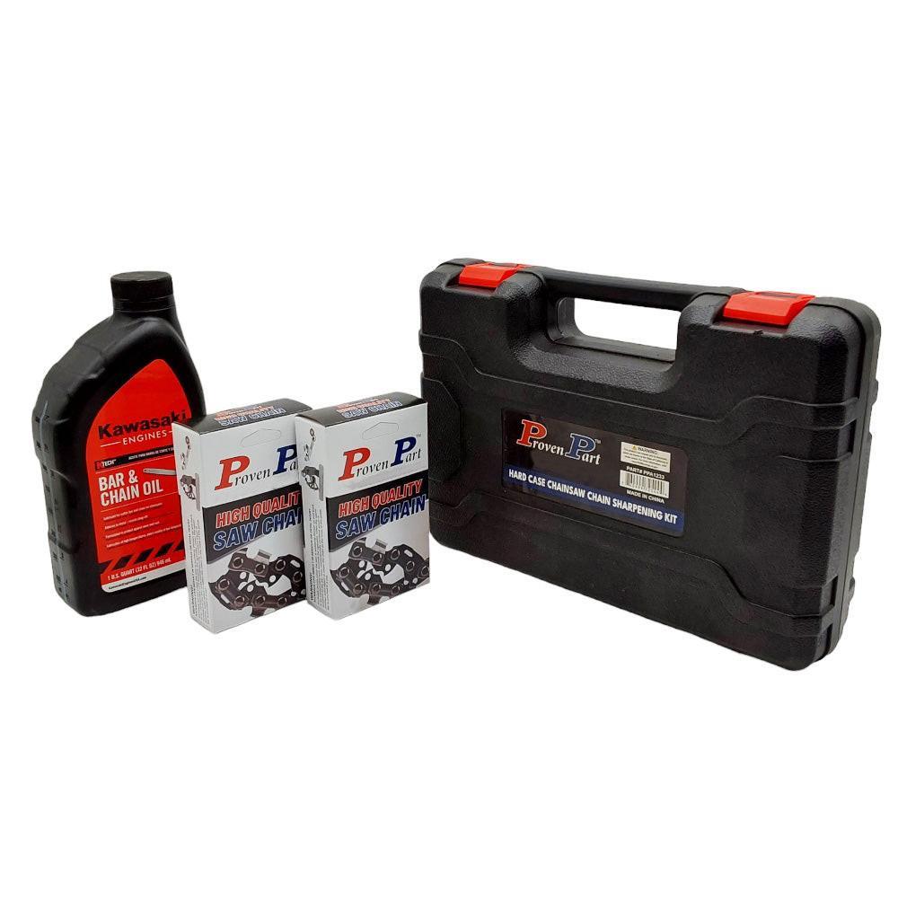 Proven Part (2) Semi Chisel Chain 1/4" Pitch .043" Gauge 72DL Fits Stihl 3670 005 0072 (1) Qt Oil (1) Hardbox Tool Kit