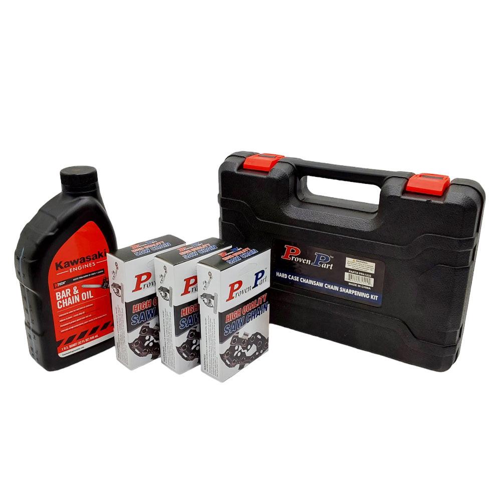 Proven Part (3) Semi Chisel Chain 1/4" Pitch .043" Gauge 72DL Fits Stihl 3670 005 0072 (1) Qt Oil (1) Hardbox Tool Kit