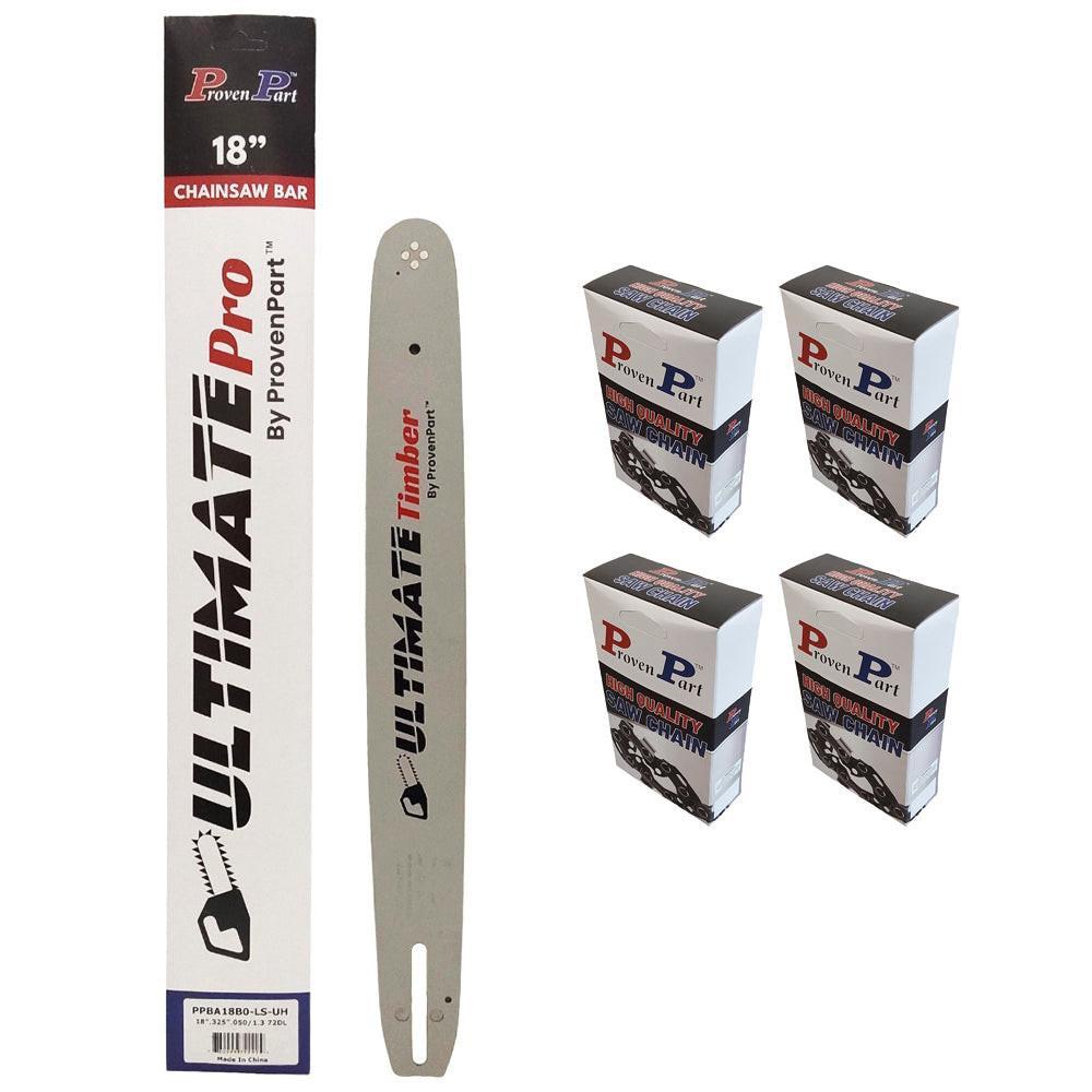 Proven Part 18" Chainsaw Bar And 4 Pack Semi Chisel Chain Combo .325" .050" 72DL For Echo Fits 18F0AD3372C