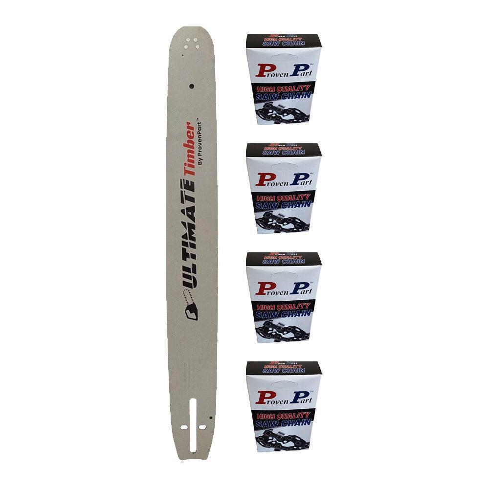 Proven Part 20" Chainsaw Guide Bar And 4 Pack Semi Chisel Chain Combo  3/8" .050" 72DL