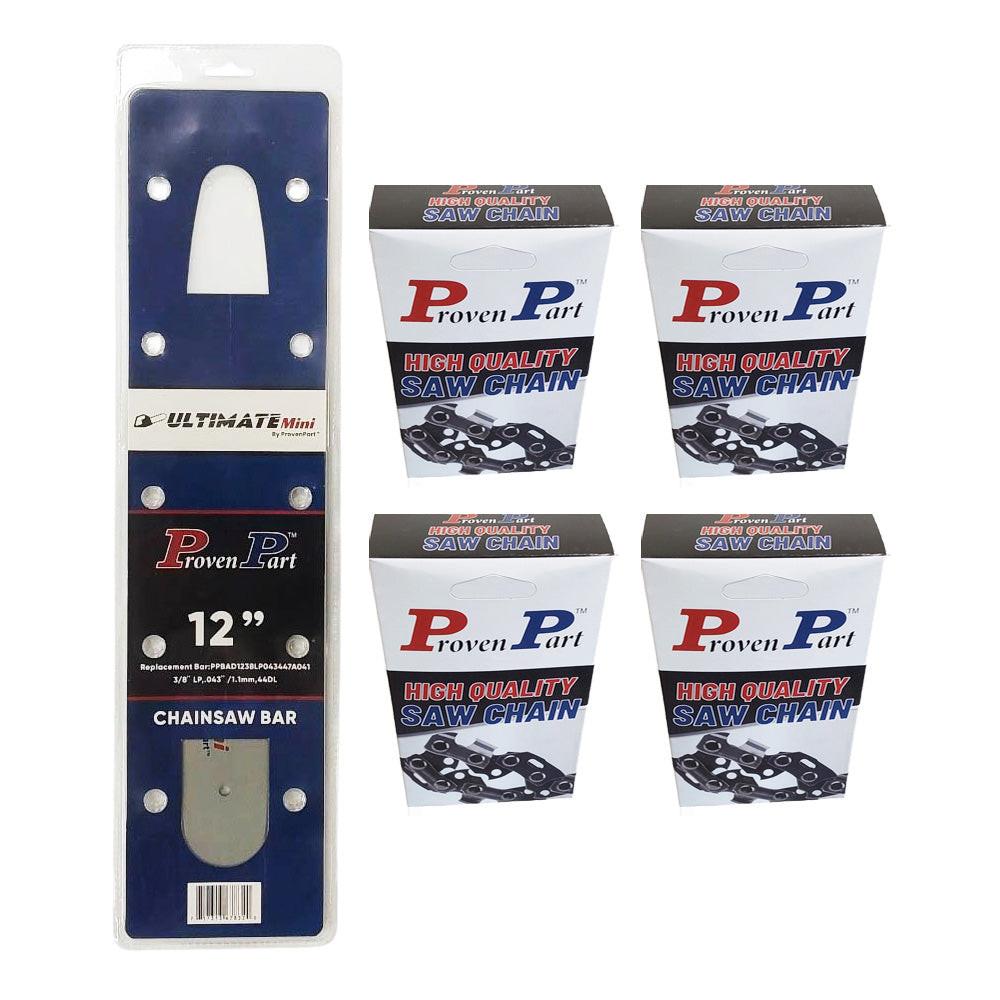 Proven Part 12" Guide Bar And 4 Pack Semi Chisel Chain 3/8"LP .043" 44DL Fits Stihl 3005 000 4405