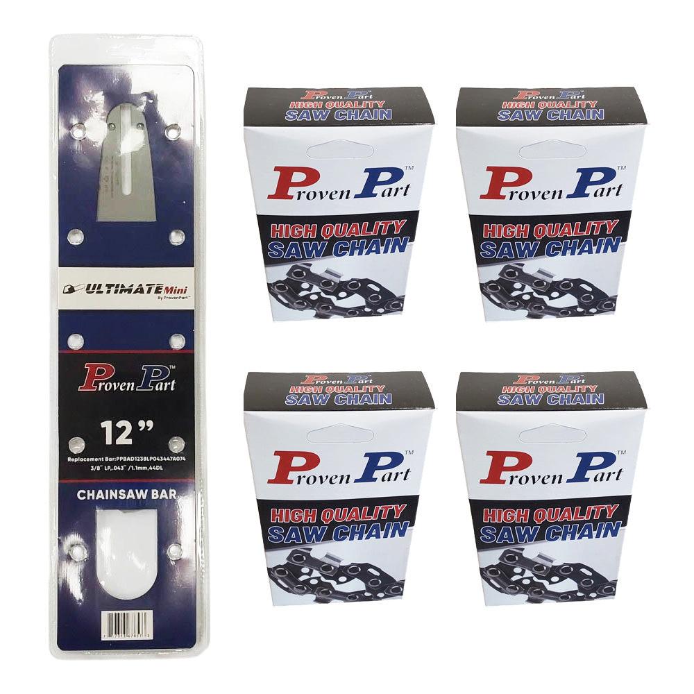 Proven Part 12" Guide Bar And 4 Pack Full Chisel Chain 3/8"LP .043" 44DL Fits Stihl 3005 000 3905
