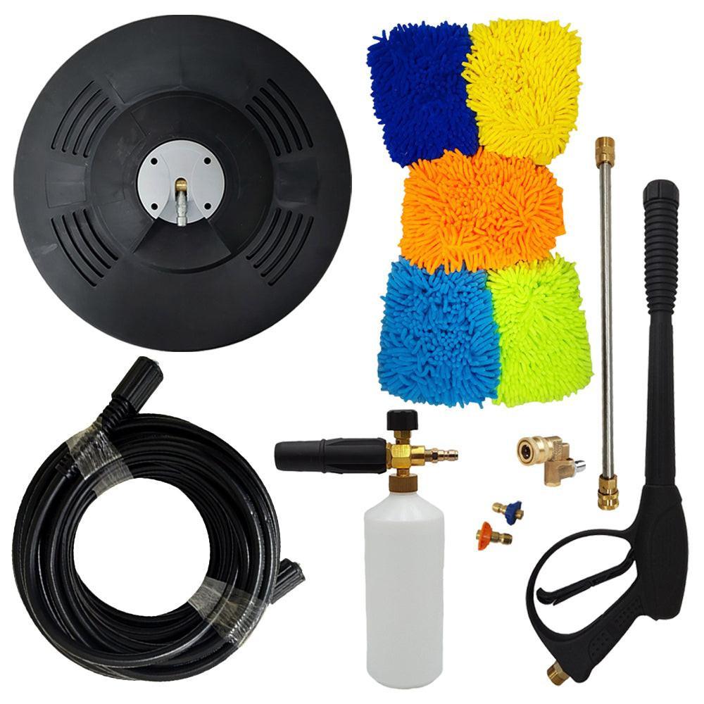 Proven Part 15" Floor Scrubber, 50' Hose, Pro-Gun Kit & Quick Connect, 1/4" Quick Connect Pivoting Coupler, Nozzle Kit, Foam Lance, (5) Microfiber Car Glove Mitts