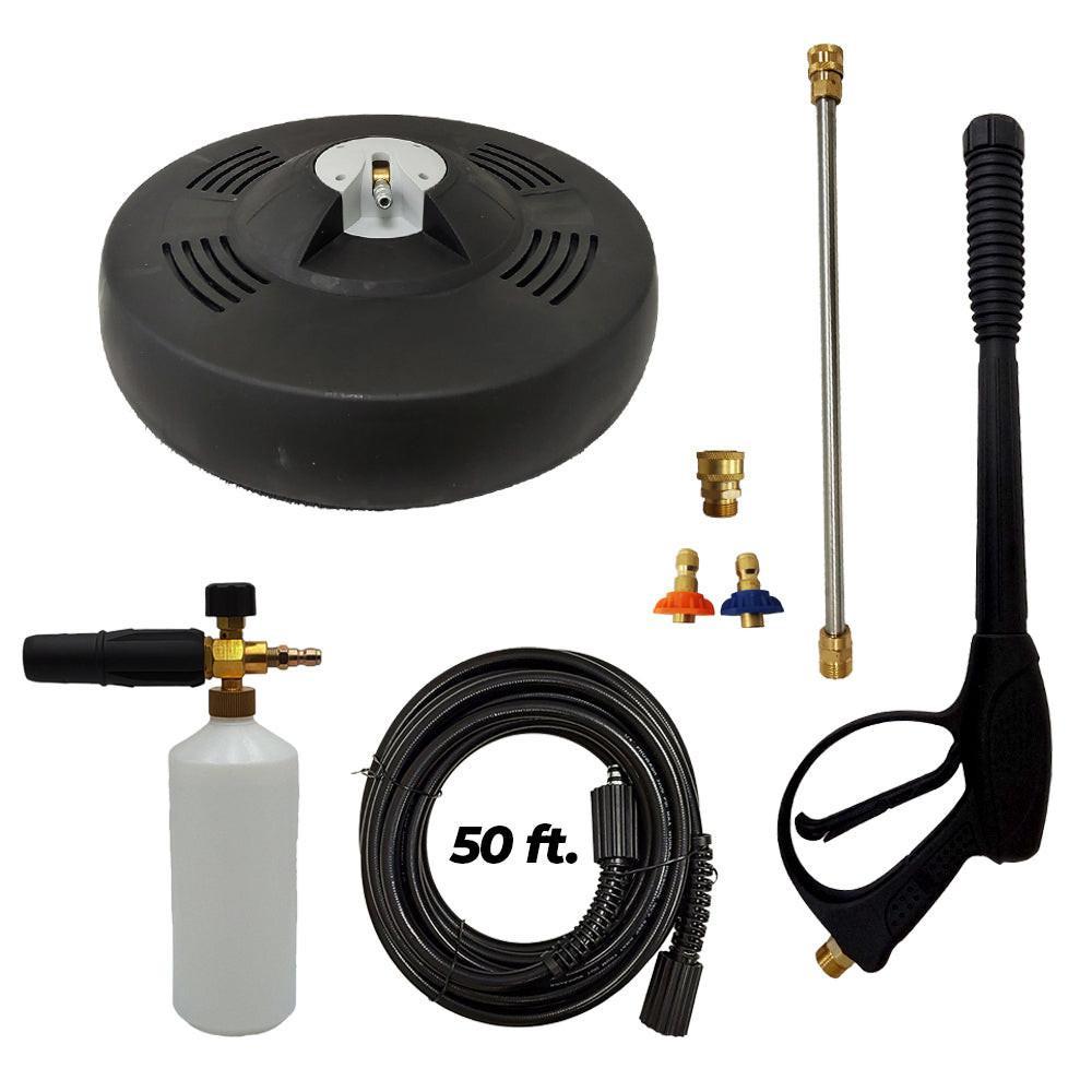 Proven Part 15" Surface Cleaner 3200 PSI, 50' Hose 1/4" M22xM22, Second Story Chemical Nozzle, Foam Lance, Screw-Type 3/8" Female M22 Female and 4000PSI Gun and Wand Kit