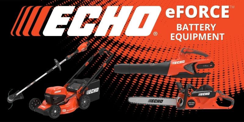 Some Echo eForce products including a trimmer, chainsaw, blower and lawn mower