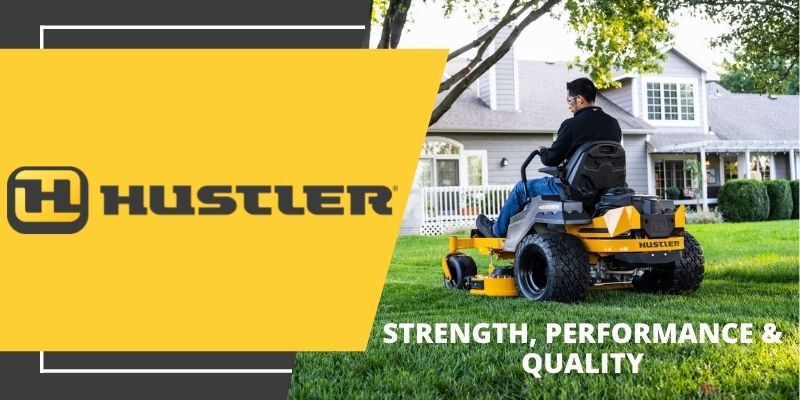 5 different Hustler Mowers including both commercial and residential models and text that says strength, performance & quality