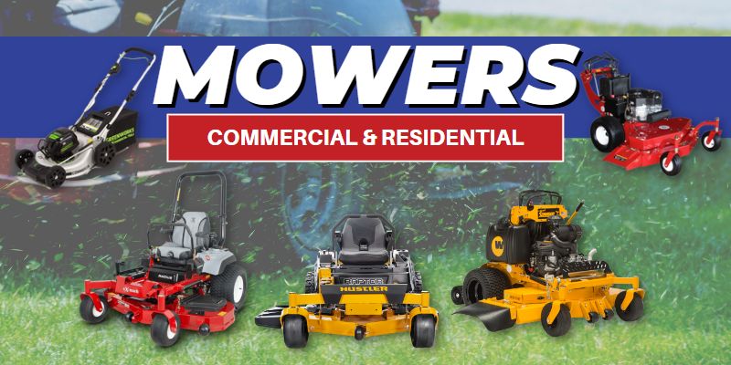 photos of different type of mowers with a headline that says Mowers. Commercial and Residential