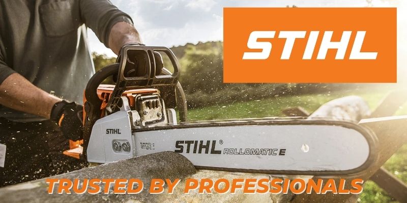 A Stihl chainsaw cutting through a log and text that says trusted by professionals